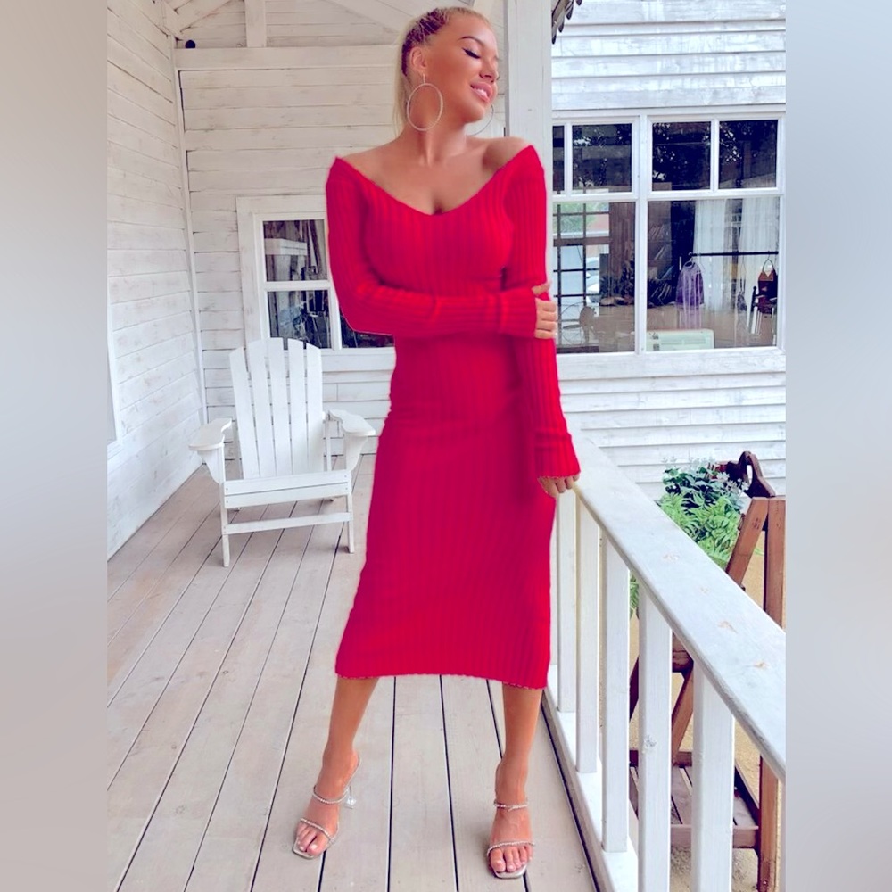 Red Off The Shoulder Ribbed Princess Sweater Midi Dress